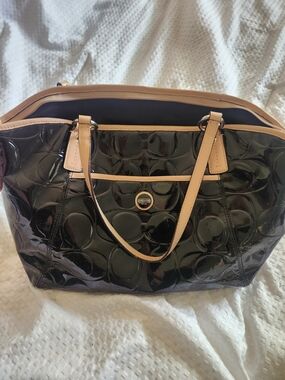 Coach Black Patent Leather Signature Peyton Tote with Tan Leather Trim